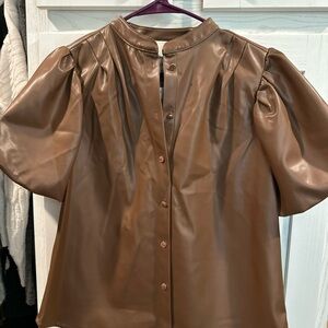Faux Leather Puff Sleeve Button-Front Blouse in Brown